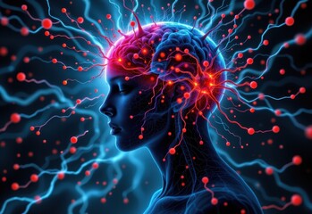 chronic stress impact on cognition, neurons firing chaotically, hippocampus dimmed, amygdala glowing red, neurotransmitter imbalance, futuristic science illustration