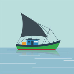A stylized illustration of a green and black fishing boat sailing on calm blue water.