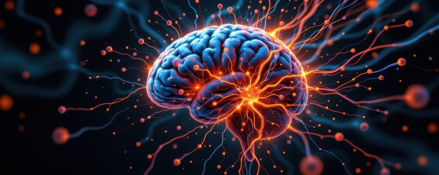 human brain experiencing stress, amygdala glowing, hippocampus shrinking, prefrontal cortex dimmed, neural circuits chaotic, conceptual abstract neuro art digital painting