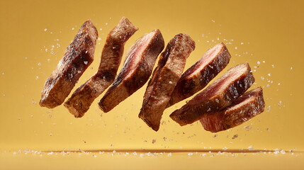 Photorealistic flying sliced steak on yellow background for food advertising