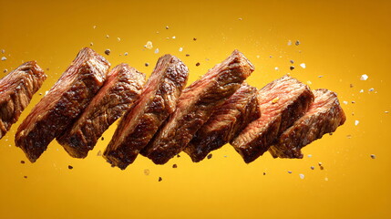 Photorealistic flying sliced steak on yellow background for food advertising