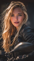 biker girl with flowing blonde hair and leather jacket
