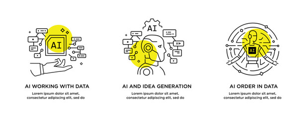 Set of illustrations concept with businessmen. technology, partnership, artificial intelligence business robot, cybes. linear illustration Icons infographics. Landing page site print poster. Line