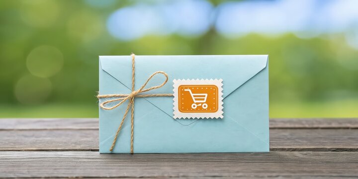 Light blue envelope tied with twine and a shopping cart stamp on a wooden surface with bokeh