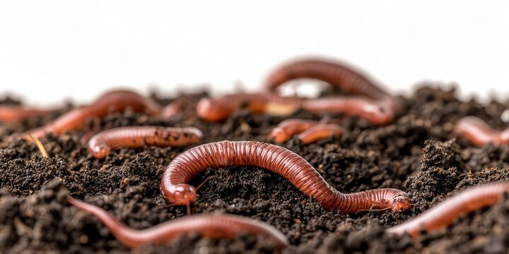 Close-up of earthworms wriggling in rich soil, enhancing soil fertility through natural compost and organic recycling processes.