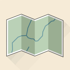 Folded map illustration with a light green color, showing a road or river, and a shadow.