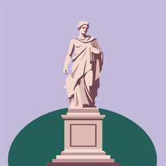 A classical marble statue of a man in draped robes stands on a pedestal against a muted purple background.