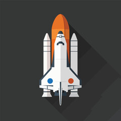 Flat design illustration of a space shuttle with an orange external tank and white boosters, viewed from above with a long shadow.