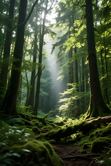 A mesmerizing view of a narrow forest path winding through a dense and magical woodland