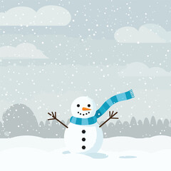 A cheerful snowman wearing a blue striped scarf stands in a snowy winter landscape with falling snow and a cloudy sky.
