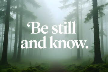 A motivational and spiritual quote displayed in bold, elegant white typography over a deeply atmospheric and tranquil forest setting