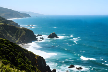 A breathtaking landscape view of a rugged coastline on a clear, sunny day. The image features steep