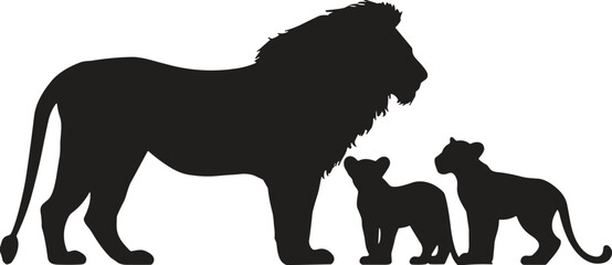 Black silhouette of a lion family with adult male lion and two cubs standing together in protective, majestic pose