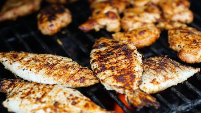 Grilled Fish and Chicken on a Barbecue Grill.