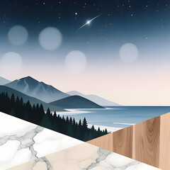 A modern and abstract composite background featuring a tranquil night landscape in the upper portion and a divided geometric foreground