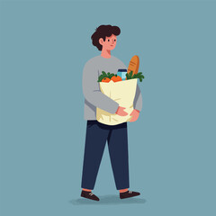 Illustration of a person carrying a paper bag filled with groceries, walking.
