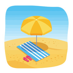Beach scene with umbrella, towel, and flip-flops on sand under a blue sky.