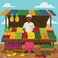 Illustration of a smiling Indian man selling a variety of fresh fruits at his outdoor market stand.