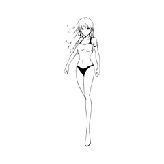 Black and white hot anime character line art illustration, stylish minimal outline drawing in clean style
