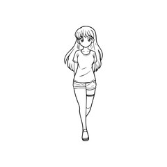 Black and white hot anime character line art illustration, stylish minimal outline drawing in clean style
