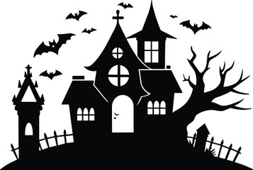 Black silhouette of haunted house with gothic architecture, twisted trees, bats, and eerie fence in Halloween horror scene