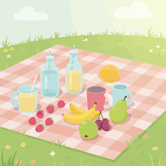 A charming cartoon illustration of a picnic spread on a red and white checkered blanket with various fruits and drinks on green grass under a sunny sky.