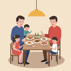 Family dinner: two fathers and three children eating together at a table.