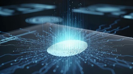 A digital fingerprint being scanned with glowing lines, representing data processing and security. - Powered by Adobe