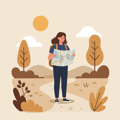 A female traveler with a backpack stands on a path in a stylized landscape, consulting a large map to find her way.