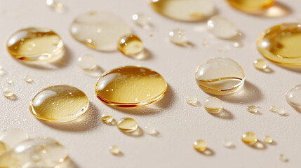 transparent skincare gel or oil blobs and droplets scattered across a clean