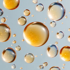 transparent skincare gel or oil blobs and droplets scattered across a clean