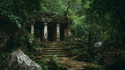 Abandoned temple complex of an extinct culture in the jungle like the Majas
