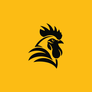 Fierce black rooster head mascot, a powerful cockerel graphic design emblem on a yellow background