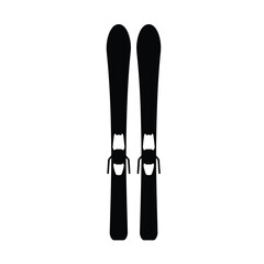 A pair of black alpine skis with bindings, depicted as a simple silhouette or vector icon, isolated against a plain white background.