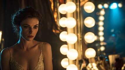 actress in the backstage looks sad in the mirror with lights in the background
