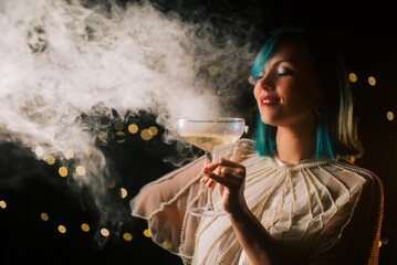 Beautiful Woman With Blue Dyed Hair And In Holiday Outfit Celebrating Wedding 