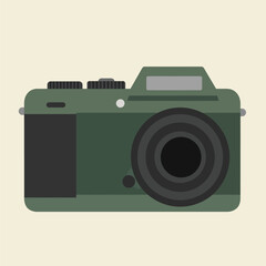 Vector illustration of a modern green digital photo camera, presented in a minimalist flat design style on an isolated background