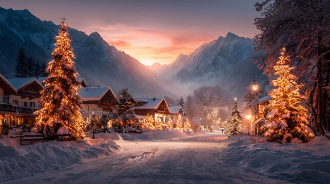 Winter christmas village scene with snow covered mountains and illuminated christmas trees at sunset time