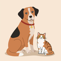 A friendly brown and white dog with a red collar sitting next to a striped orange and white cat on a light background.