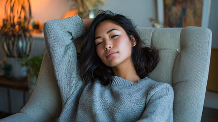 Asian girl in comfortable lounging chair
