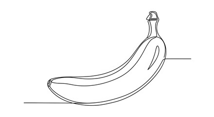 A single continuous line drawing depicts a ripe banana, curving gracefully against a white background.