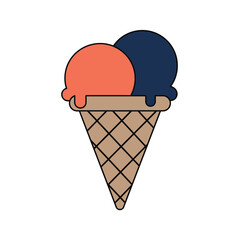 Two-scoop ice cream cone with orange and dark blue scoops.