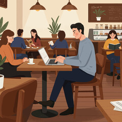 People working and relaxing in a cozy coffee shop.