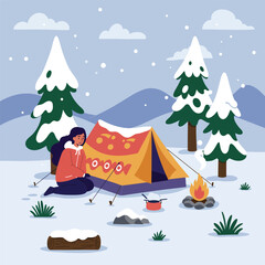 Woman camping in a snowy winter landscape, with a tent and campfire.
