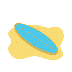 Vector illustration of a blue surfboard lying on yellow sand. Minimalist icon concept for summer vacation, beach life, and water sports