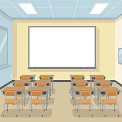 Classroom interior with desks, chairs, and a large whiteboard.