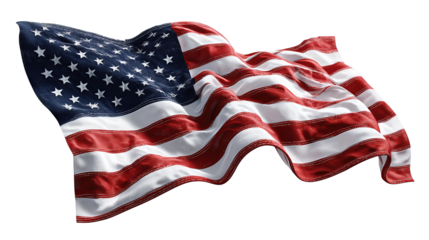 United States flag waving with deeper navy tones and brighter white stripes, isolated on transparent background.
