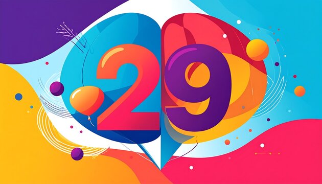 A vibrant, abstract composition featuring the numbers 29. Bright colors and fluid shapes create a dynamic design