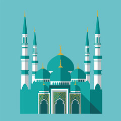 Illustration of a mosque with domes and minarets against a blue background.