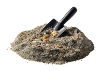 Small sandbox mound of damp sand with a half-buried black-handled trowel, isolated on transparent background.
